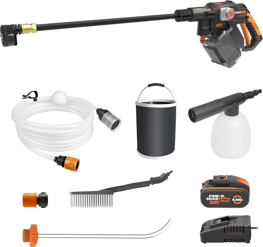 WORX Nitro 18V(20V MAX) Hydroshot Akku-Hochdruckreiniger WG633E.1, PowerShare, Terrassenreinigung und Autoreinigung, Max. 56 Bar, 220L/H, mit Zubehör, 4,0 Ah Akku & Ladegerät Orange & Schwarz