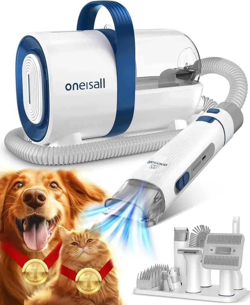 oneisall Hundeschermaschine mit Staubsauger, Super Saugkraft mit 12000 Pa Saugt 99.99% der Tierhaare, Leise Schermaschine Hund Katze Hundehaarschneidemaschine mit 7 Pflegewerkzeugen 1