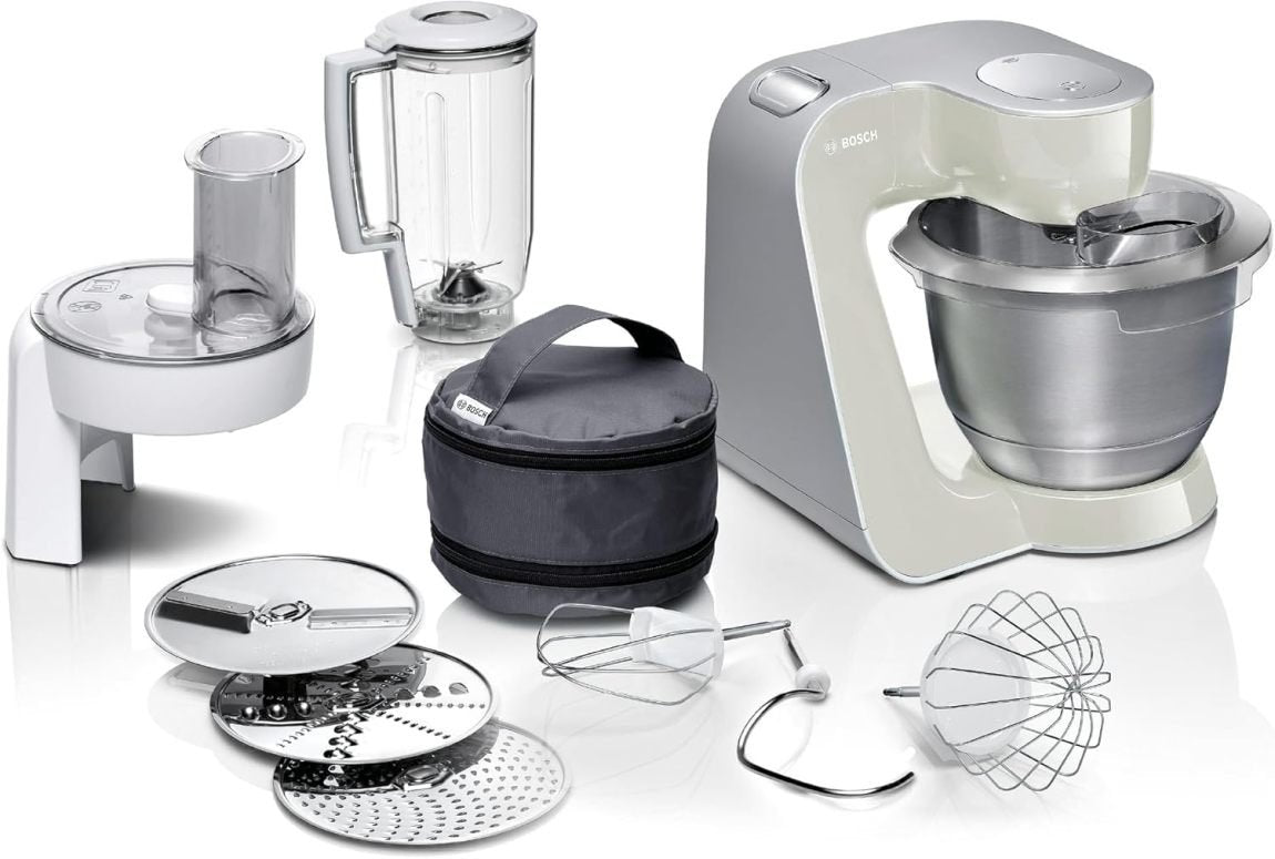 Bosch Küchenmaschine Serie 4 MUM58720,Edelstahl-Schüssel 3,9 L, Mixer 1,25 L, Planetenrührwerk,Knethaken,Schlag,Rührbesen, Durchlaufschnitzler, 3 Scheiben, 1000 W, Dunkelrot/Silber