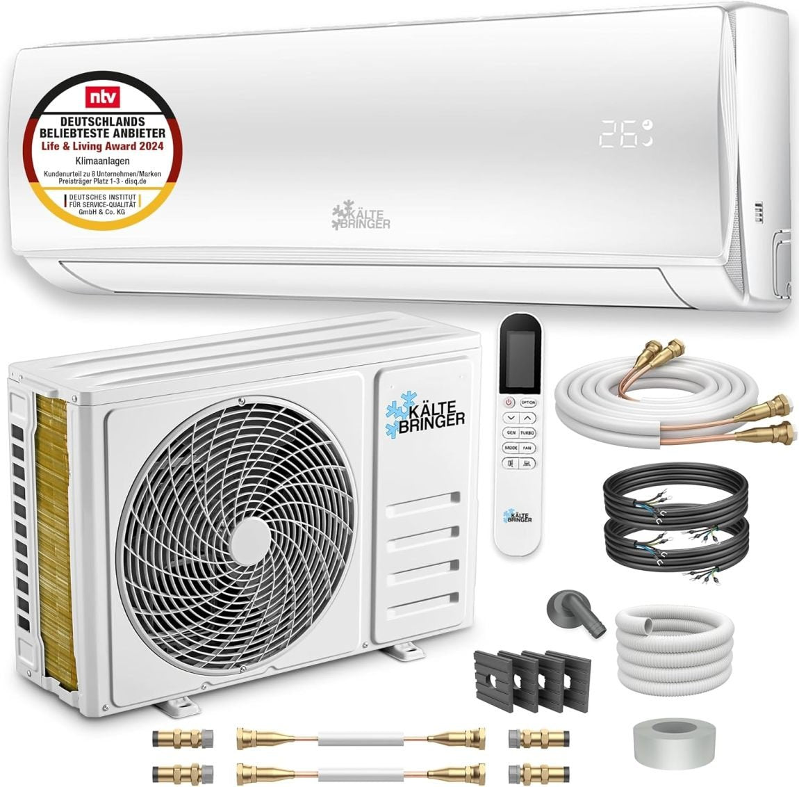 Kältebringer Split Klimaanlage Quick Connect – 12000 BTU (3,4 kW) Klimagerät mit Heizfunktion, WiFi & App, bis 91qm, sehr leise – 5m Kupferleitung, Kältemittel R32, Montagematerial, Wandhalterung