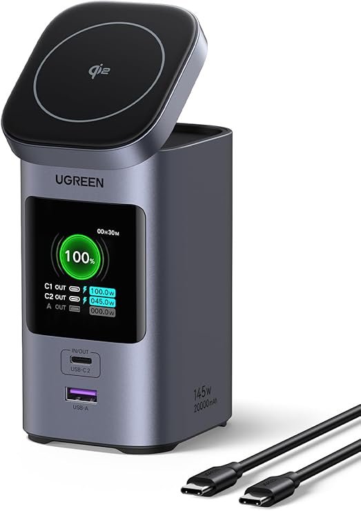 UGREEN Nexode 145W Powerbank 20.000 mAh – Qi2 15W, USB-C 100W, PD 3.0 Schnellladen, 2 Ports, TFT-Display, kompatibel mit iPhone 17/16/15/14/13, Galaxy S25/S24, MacBook & iPad