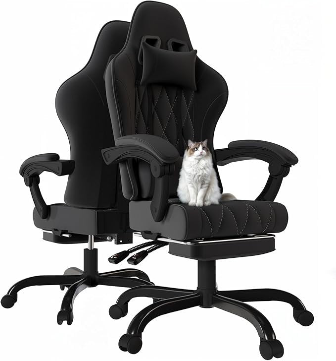 JUMMICO Gaming-Stuhl – Ergonomischer Bürostuhl mit Stoffbezug, Federpolsterung, Massagefunktion, Kopfstütze & Fußstütze, höhenverstellbar, 150 kg Belastbarkeit (Schwarz)