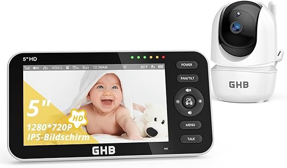 GHB Babyphone mit Kamera – 5 Zoll 720P HD Video-Baby Monitor, bis zu 168 Std. Akku im VOX-Modus, Split-Screen, Nachtsicht, 4× Zoom & Schwenkfunktion