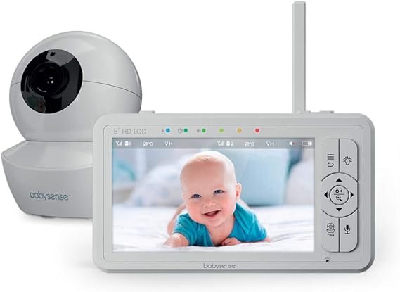 Babysense HDS2 Babyphone mit Kamera – 5 Zoll 720P HD Video-Baby Monitor ohne WLAN, Nachtlicht, Schlaflieder, 300 m Reichweite, Zwei-Wege-Audio, ECO-Modus, 4× Zoom, 4000 mAh Akku