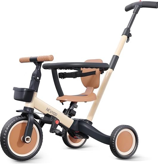 newyoo 5-in-1 Dreirad Balance Bike – Kinderlaufrad 1–3 Jahre mit Schiebestange, verstellbarem Lenker & Sicherheitsbügel (Khaki)