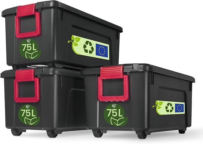 Iris Ohyama SIA-60 Power Box Aufbewahrungsboxen 3er-Set – Kunststoffboxen mit Deckel, Clip-Verschluss und Griffen, 60 L