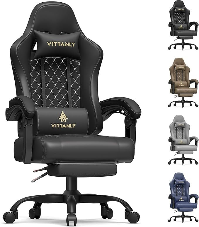 Vittanly Gaming-Stuhl – Ergonomischer Bürostuhl mit Federkern-Sitz, Kopfstütze, Lendenkissen & Fußstütze, höhenverstellbar, 150 kg Belastbarkeit (Schwarz)