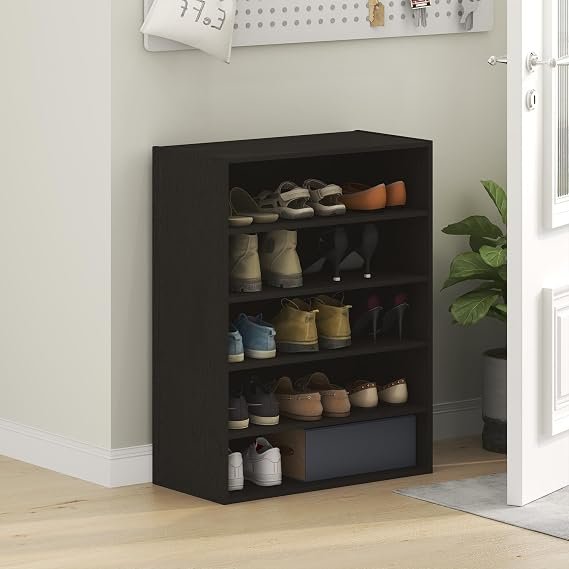 Furinno FANO Schuhregal, 5 Ebenen, Stapelbarer Schuhorganizer, 29 x 61,5 x 80 cm, Dunkle Eiche/Schwarz