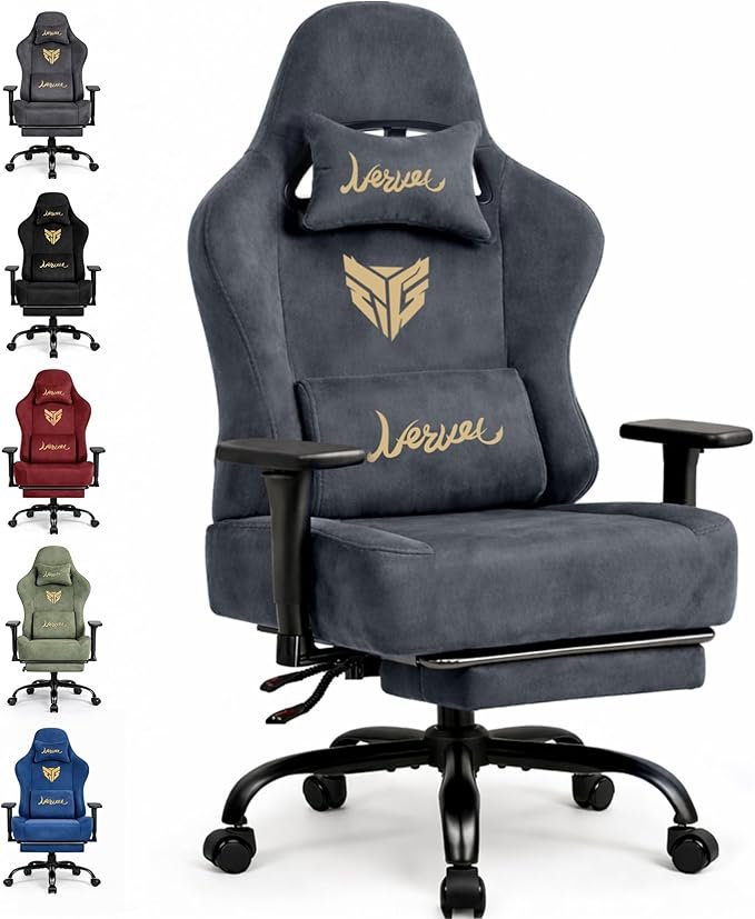 Gaming-Stuhl – Ergonomischer Gamer Bürostuhl mit Wildleder-ähnlichem Stoff, 3D-Armlehnen, verstellbarer Rückenlehne & Fußstütze, 220 kg Belastbarkeit (Grau)
