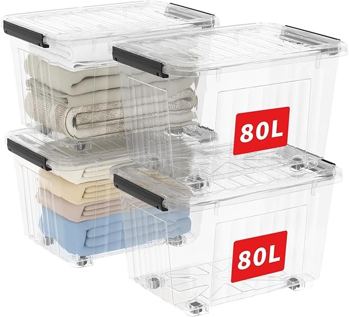 Cetomo Aufbewahrungsbox mit Deckel – 80 L, 4er Pack, stapelbar, transparent, mit Clips, lebensmittelecht, Kunststoff-Boxen