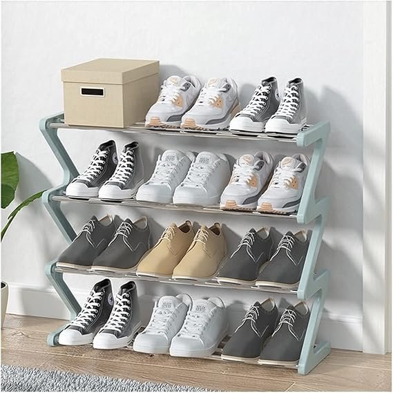 4-stufiges Schuhregal mit Stoffablagen, Metall-Schuhregal, Platzsparender Schuhorganizer für Flur, Wohnzimmer und Garderobe