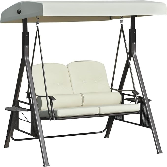 Outsunny 2-Sitzer Hollywoodschaukel – Gartenschaukel mit Verstellbarem Sonnendach, Polstern, Kissen & Ablage, Beige