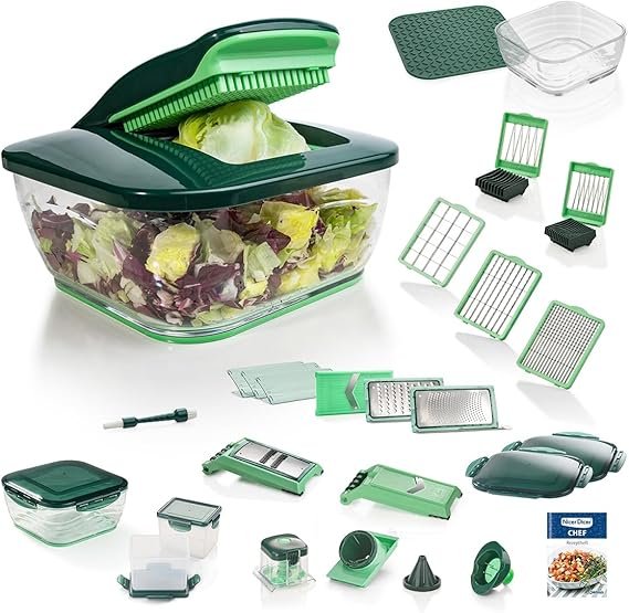 Genius Nicer Dicer Chef 34-in-1 Multifunktions-Gemüseschneider – Mandoline, Profi-Gemüsehobel mit Glas-Schüssel, Tomatenschneider, für Scheiben, Sticks, Streifen, Spiralen & Julienne