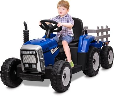 HAUSPROFI 12V 3-Gang Kinder Elektroauto mit Anhänger, Elektro Traktor 2 Fahrmodi, 2,4G-Fernbedienung, Kinder Traktor LED-Licht, Bluetooth, Musik, USB,