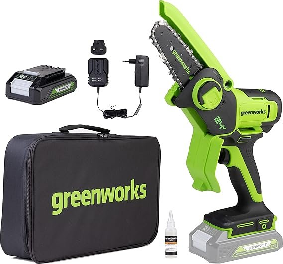 Greenworks 24V Mini Akku-Kettensäge 10 cm (4 Zoll) – Kabellose Gartensäge mit 2Ah Akku, 7,8 m/s Kettengeschwindigkeit für Äste und Gartenarbeiten