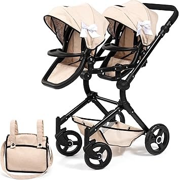 Bayer Design 26275AA Zwillingspuppenwagen – verstellbarer & klappbarer Puppenbuggy mit Korb, Tasche & EasyGo Babyschalen-Kompatibilität