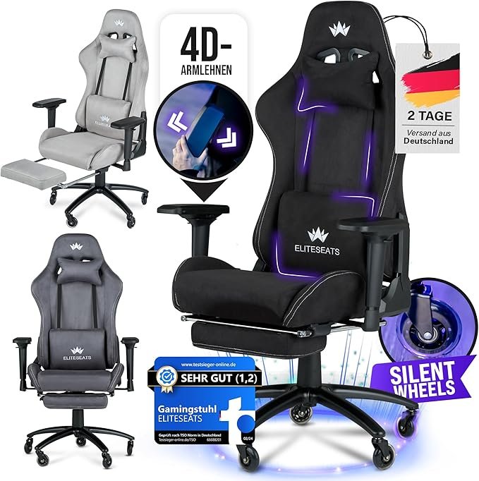 ELITESEATS Ergonomischer Gaming-Stuhl (Testsieger) – Atmungsaktiver Stoff, 4D-Armlehnen, kratzfreie Rollen & Fußstütze, 150 kg Belastbarkeit