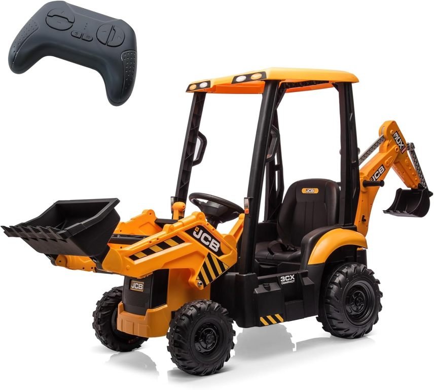 4 in 1 Elektro Bagger & Bulldozer, 12V Kinder Elektrofahrzeuge mit Fernbedienung, Frontlader, Bagger, Hupe, Eva-Reifen, Gelb 1