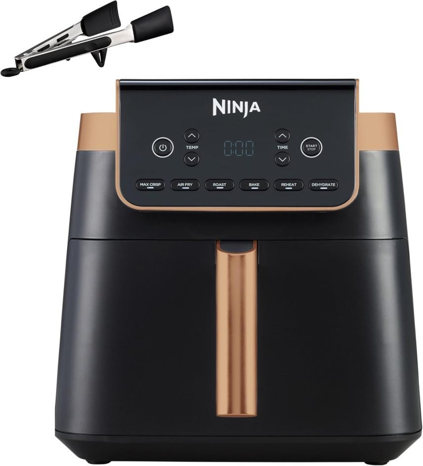 Ninja Heißluftfritteuse MAX PRO, 6,2 L, ölfrei, große Schublade, Rösten, Backen, Air Fry, Antihaftbeschichtet, Spülmaschinenfester Korb & Crisper Gittereinsatz, Silikonzange, Schwarz/Kupfer, AF180EUCP
