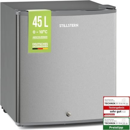 Stillstern Mini Kühlschrank E 45L mit Abtauautomatik, Schloss, Frostfach, Leise, Ideal für Küche, Büro, Schlafzimmer, Hotels und kleine Wohnungen Kühlschrank klein Minibar Getränkekühlschrank 1