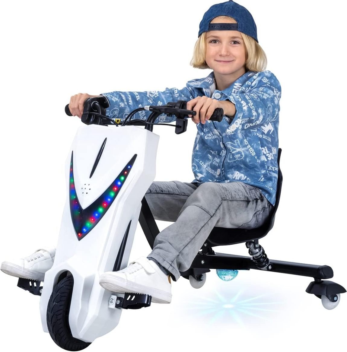 Actionbikes Motors Kinder Elektro Driftscooter | 𝟐𝟓𝟎 Watt Motor – Drift Cart 360°- 3 Geschwindigkeitsstufen – LED-Beleuchtung – Sitz verstellbar – Bluetooth – Drift Kart – Drift Auto (Space Purple)