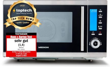 MEDION MD 15501 4 in 1 Mikrowelle mit Grill (25 Liter, 900 Watt, 1100 Watt Grill, 2500 Watt Heißluft, 10 Automatik-Programme) silber