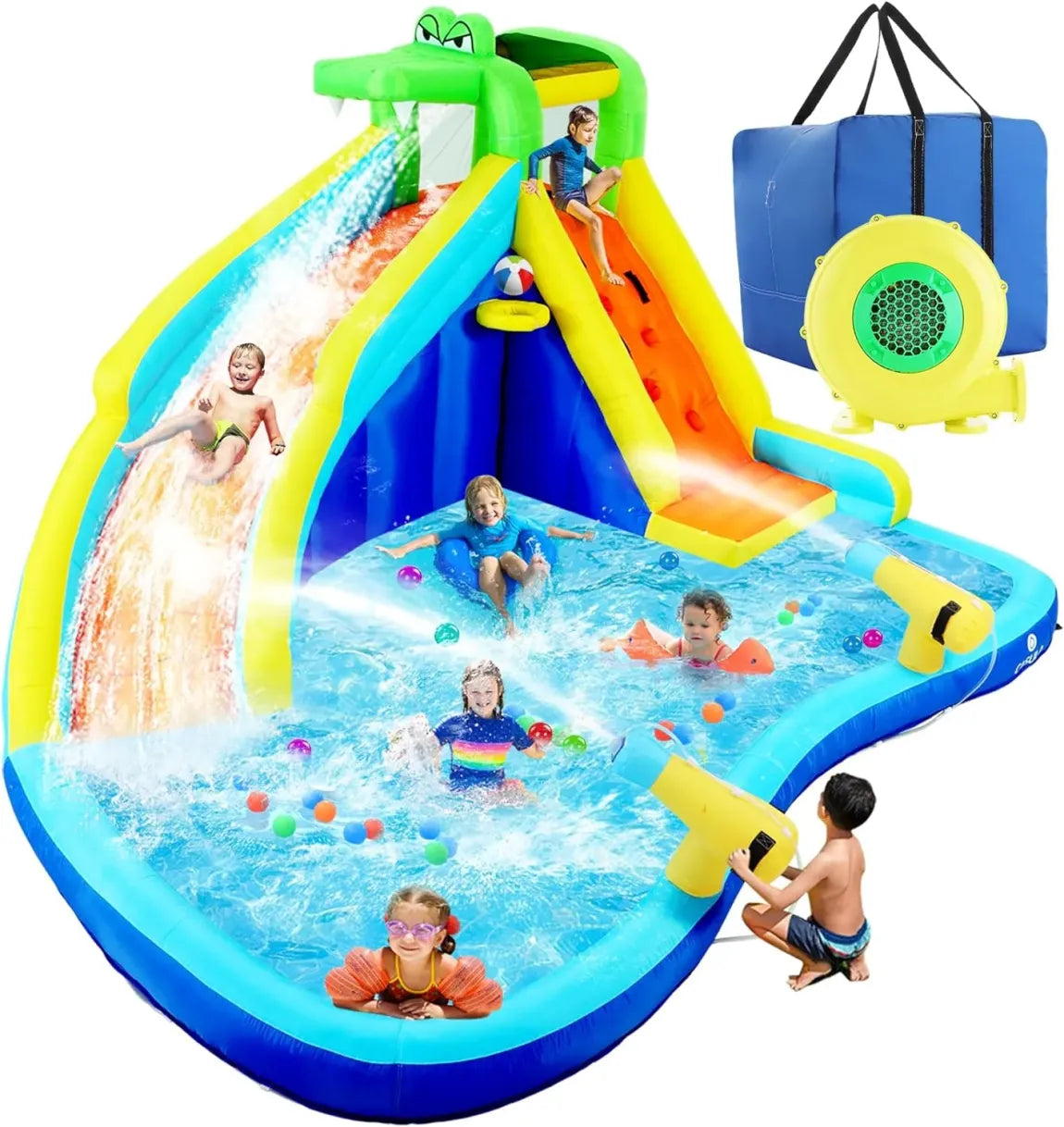Aufblasbare Wasserrutschen für Kinder, 8-in-1-Hüpfburg-Wasserpark mit 450-W-Gebläse, Kletterwand, Planschbecken, 2 Wasserkanonen, Basketballkorb, Wasserrutsche, Krokodilsprinkler als Geschenk für eine Gartenparty 1