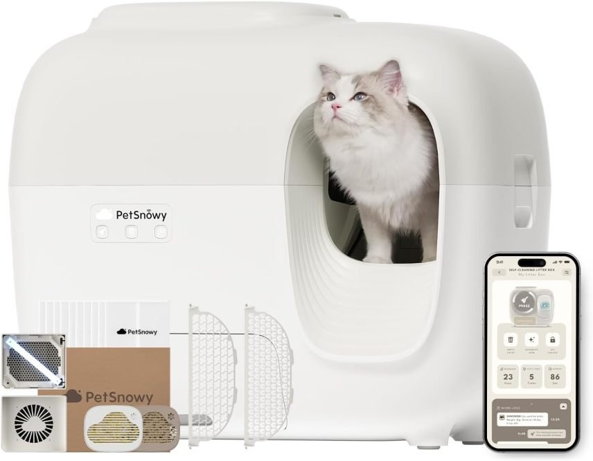 PetSnowy Katzenklo Selbstreinigend Katzentoilette mit TiO2-Geruchskontrollsystem, App-Steuerung, Auto-Packing für große Katzen & Mehrkatzenhaushalte 1,5-9 kg, Max Kapazität von 83L (2025 Premium) 1