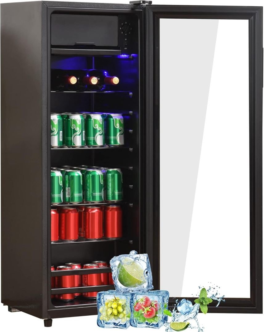 Merax Kühlschrank 128L, Freistehend Getränkekühler mit 120L-Kühlschrank + 8L-Gefrierschrank, mit LED-Innenbeleuchtung und Verstellbare Einlegeböden,