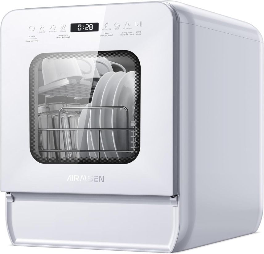 AIRMSEN Tischgeschirrspüler Mini Geschirrspüler mit wassertank klarspüler spülmaschine mit 9 Programme 37 * 50cm Ultra-Schmal Tief, 1-24H Timer, 360°