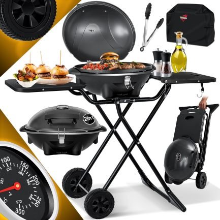 KESSER elektrischer Elektrogrill 2in1 Tischgrill – Standgrill mit Deckel und Standfuß | max. 2400 Watt | Faltbar | Thermostat | Antihaftbeschichtung | Grillplatte Abstelltische | 2 Räder |