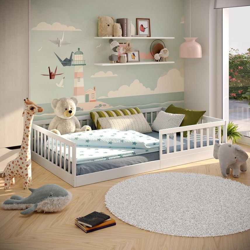CADANI Timi 2in1 Bodenbett 140×200 cm Montessori Kinderbett mit abnehmbaren Rausfallschutz inkl. Lattenrost, Kiefer Massivholz, weiß – 3