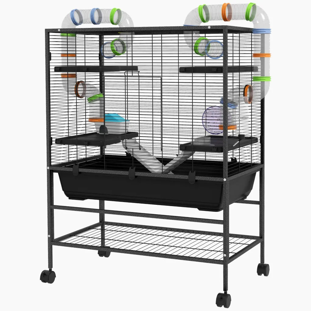 PawHut Hamsterkäfig Nagerkäfig mit Röhren Laufrad Rollen Ablage 1