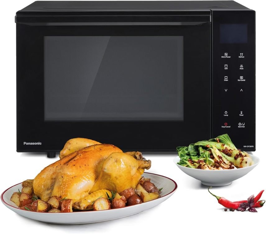 Panasonic NN-DF38PBEPG Kombi-Mikrowelle & Grill, 1000 W, 23 l, Inverter-Tech, Eco Kombi Modus, Flachbett, 16 Auto-Programme & Auftau-Modi, emailliertes Blech, Gitterrost, leichte Reinigung, Schwarz