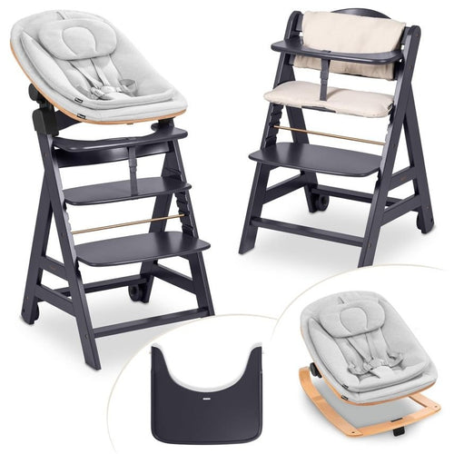 hauck Hochstuhl Beta+ Newborn Set Eco Bouncer – mitwachsender Holz Babyhochstuhl ab Geburt, inkl. Neugeborenenaufsatz, Sitzpolster und Essbrett – Dark Grey