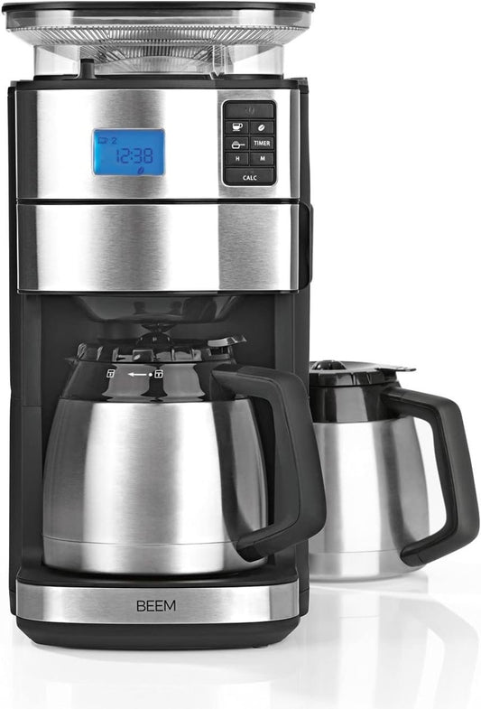 BEEM FRESH-AROMA-PERFECT II Filterkaffeemaschine mit Mahlwerk – Thermo | Edelstahl | Thermokanne | 24h-Timer | 1000 W | 180 g Bohnenbehälter