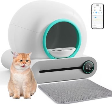 Selbstreinigende Katzentoilette, Automatische Katzentoilette mit Matte und Einlagen, 65 l + 9 l große Kapazität, Selbstreinigende Katzentoilette, App-