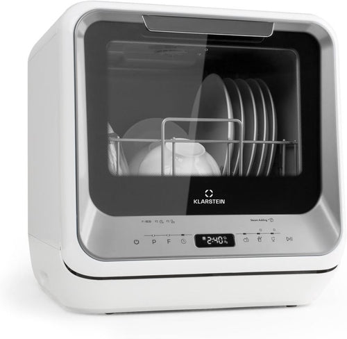 Klarstein ia Mini Geschirrspüler, Spülmaschine mit Platz für 2 Maßgedecke, 6 Programme, 5 L Wasser benötigt, LED-Display, Touch, Tischgeschirrspüler inkl. Zubehör, schwarz
