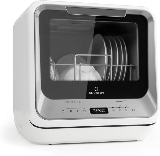 Klarstein ia Mini Geschirrspüler, Spülmaschine mit Platz für 2 Maßgedecke, 6 Programme, 5 L Wasser benötigt, LED-Display, Touch, Tischgeschirrspüler inkl. Zubehör, schwarz