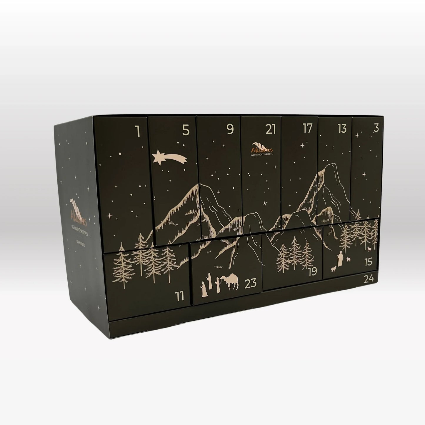 Adventskalender: 17er Set von Akantus bemalt mit Krippenhaus "Akantus Design Original" schwarz I AD-0-3 + KB-3