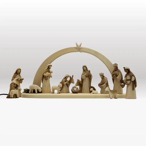 Krippenfiguren Set (15 Figuren) von Akantus bemalt mit Stall "Sternenschein" natur