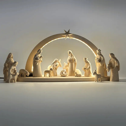 Krippenfiguren Set (15 Figuren) von Akantus natur mit Stall "Sternenschein" natur