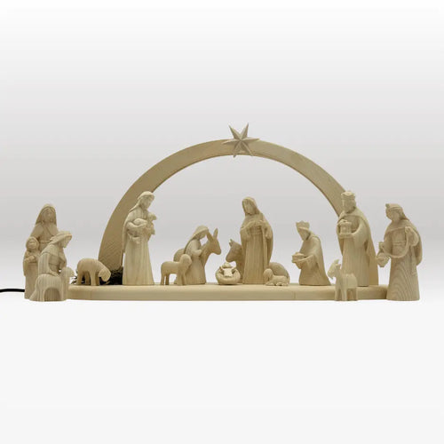 Krippenfiguren Set (15 Figuren) von Akantus natur mit Stall "Sternenschein" natur