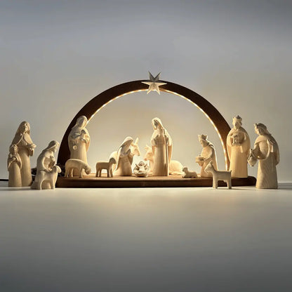 Krippenfiguren Set (15 Figuren) von Akantus natur mit Stall "Sternenschein" braun