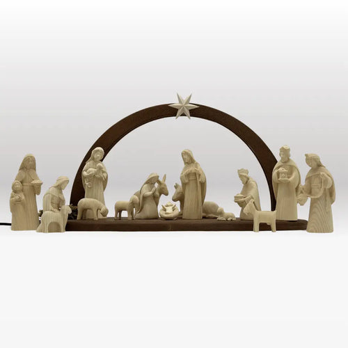 Krippenfiguren Set (15 Figuren) von Akantus natur mit Stall "Sternenschein" braun