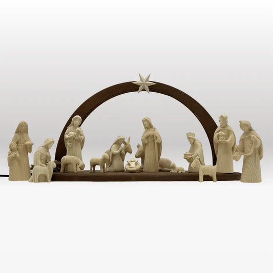 Krippenfiguren Set (15 Figuren) von Akantus natur mit Stall "Sternenschein" braun