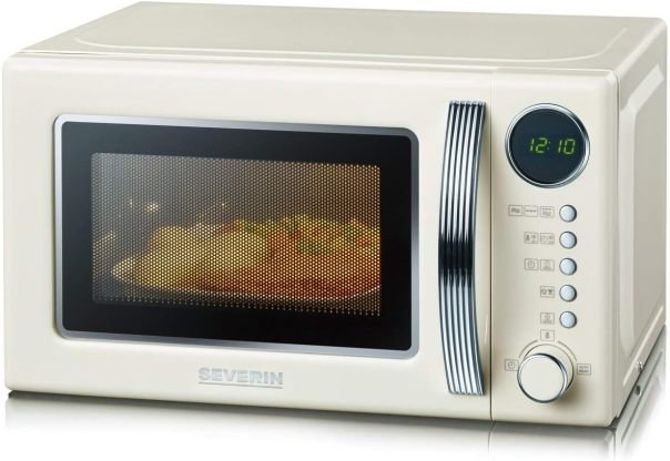 SEVERIN 2-in-1 Retro Mikrowelle mit Grillfunktion, Grillofen mit 5 Leistungsstufen und 8 Automatikprogrammen, hochwertige Mikrowelle mit Grill, ca. 700 W, creme / chrom, MW 7892