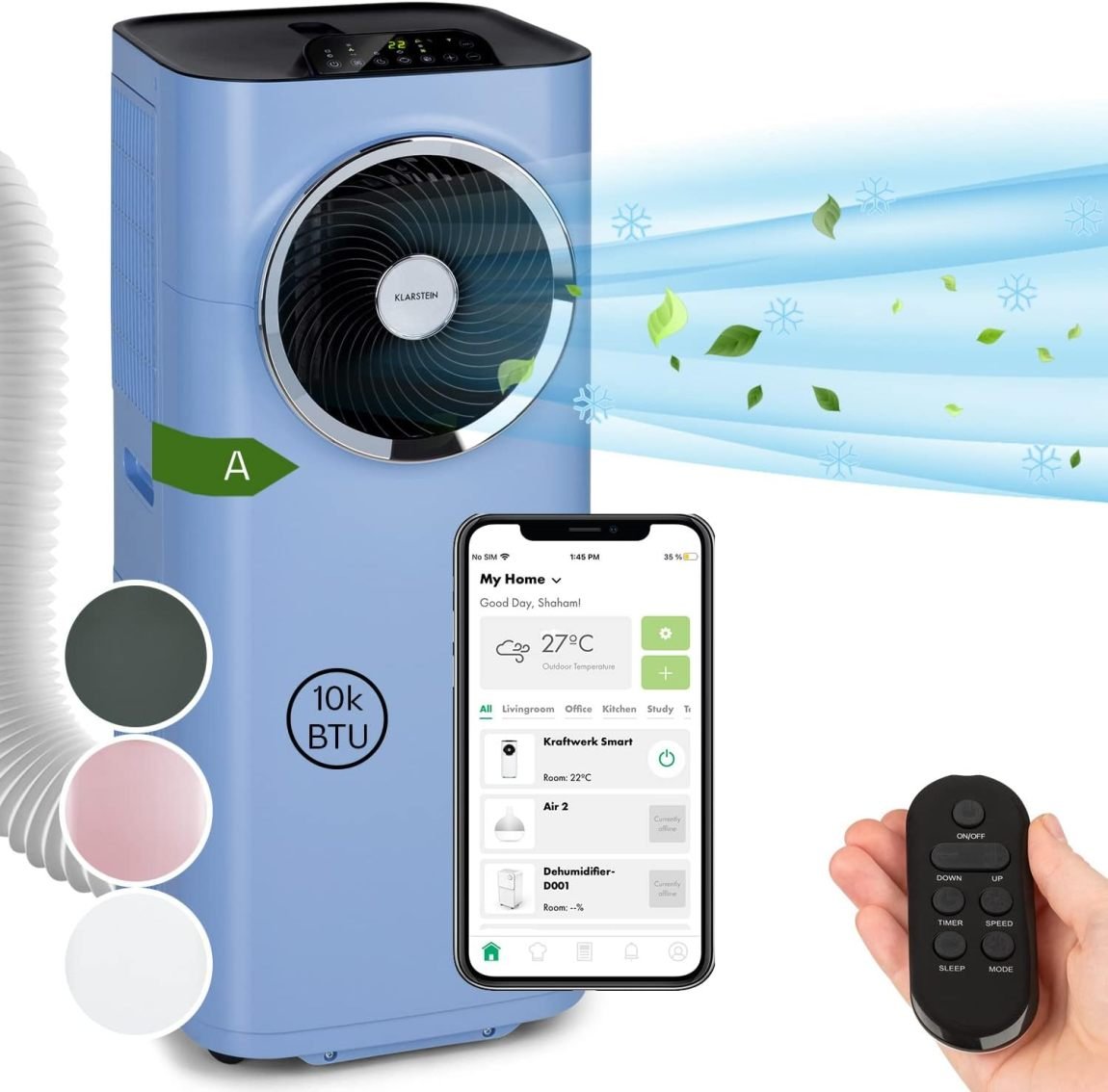 Klarstein Mobile Klimaanlage mit Abluftschlauch, 5-in-1 Klimagerät, Ventilator, Luftentfeuchter, Luftreiniger & Nachtmodus, App-Steuerung, Kleine & Portable, für Wohnung & Büro, 12000 BTU 1