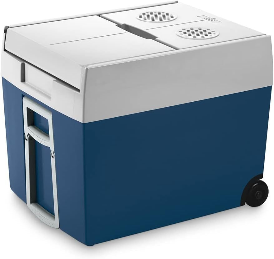 Mobicool MT48W AC/DC – elektrische Kühlbox mit Rollen passend für eine komplette Getrnkekiste / Bierkiste, 48 Liter, 12 V und 230 V für Auto, Lkw, Boot, Reisemobil und Steckdose, Blau