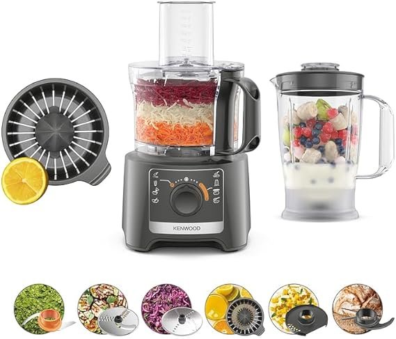Kenwood MultiPro Compact FDP31.360GY – 800W Küchenmaschine, 2,1L Schüssel, 1,2L Mixer, 2 Geschwindigkeiten + Pulse, mit Knethaken, Schneidscheiben & Zitruspresse (Grau)
